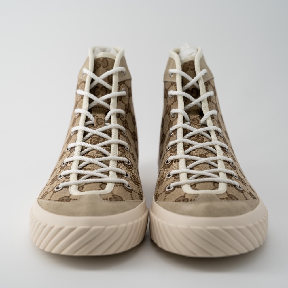 size 13G - Gucci GG Canvas Monogram Sneakers Tortuga Beige High Top - Picture 2 of 10